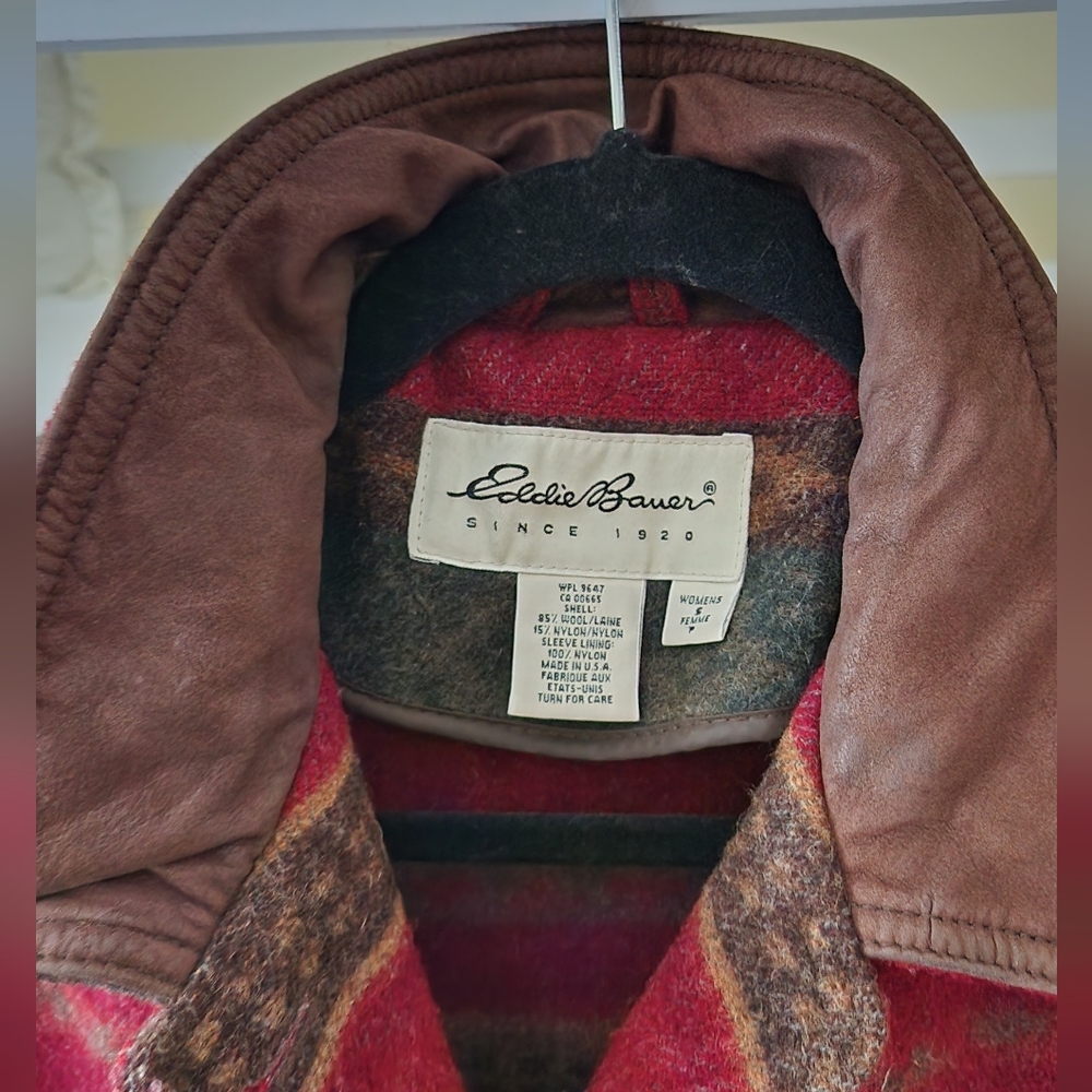 Vintage Eddie Bauer Wool Jacket Blanket Coat Leather Collar Cabin Barn Art S - Picture 2 of 10